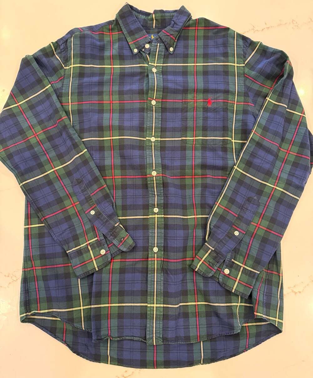 Ralph Lauren Men's Plaid Button-Down Long Sleeve Shirt, Blue/Green